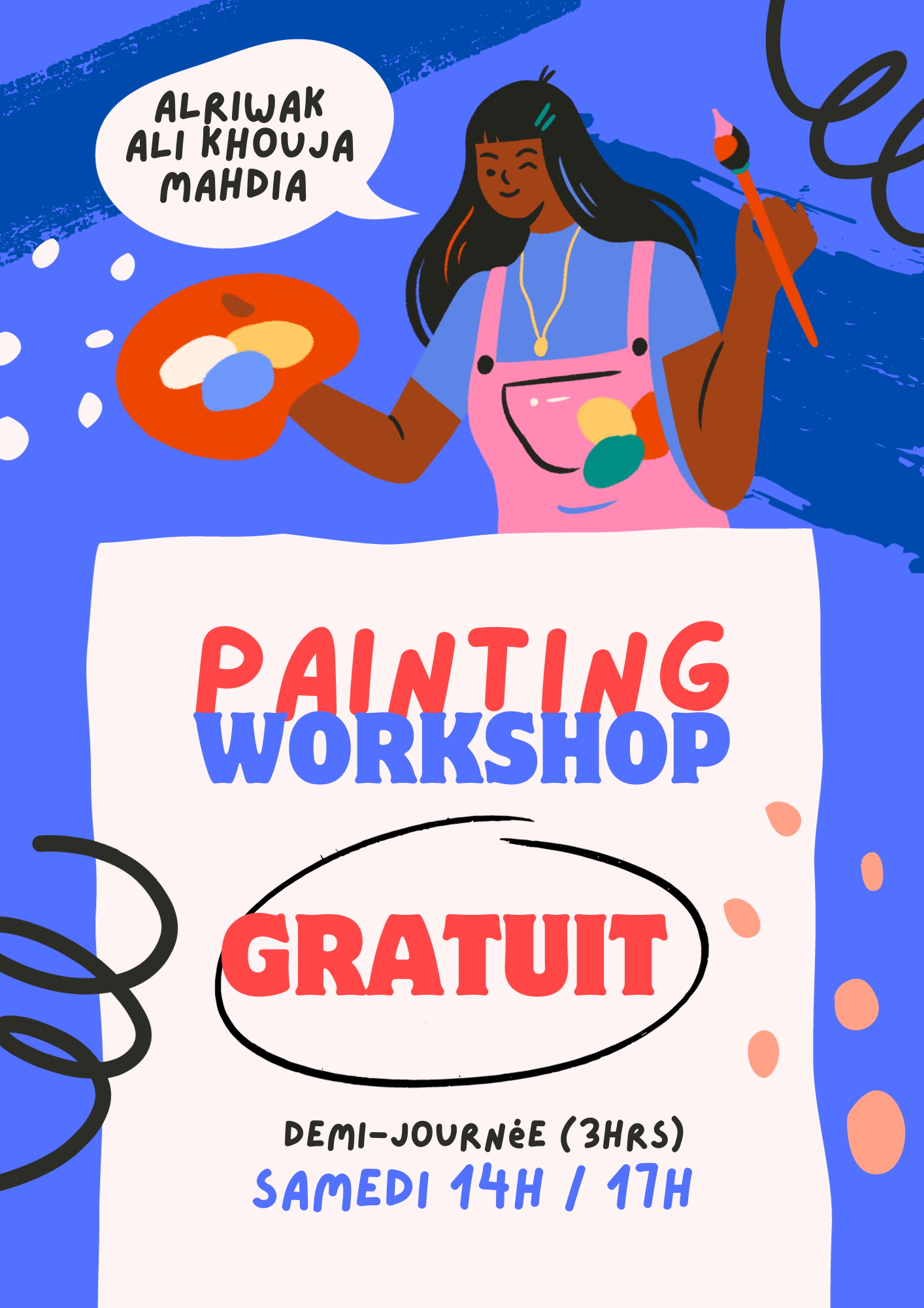 Alriwak Ali khouja vous propose une formation de peinture gratuite pour une demi journée orientée pour les adultes ce samedi 2 décembre 2023 de 14h jusqu'à 17h. Et Pour aller plus vite dans votre apprentissage, on vous aide à surmonter les 3 premières difficultés du débutant : ▶️comment retrouver une couleur facilement. ▶️comment donner de la profondeur à vos tableaux. ▶️comment garantir de belles associations de couleurs. alors pour celui qui est intéressé peut confirmer sa participation par message privé ou nous appeler sur : 📞 24 769 756 ..bienvenue à vous tous 🖍️🖌️🎨 "L’art c’est exprimer son « Moi » de façon visuelle".